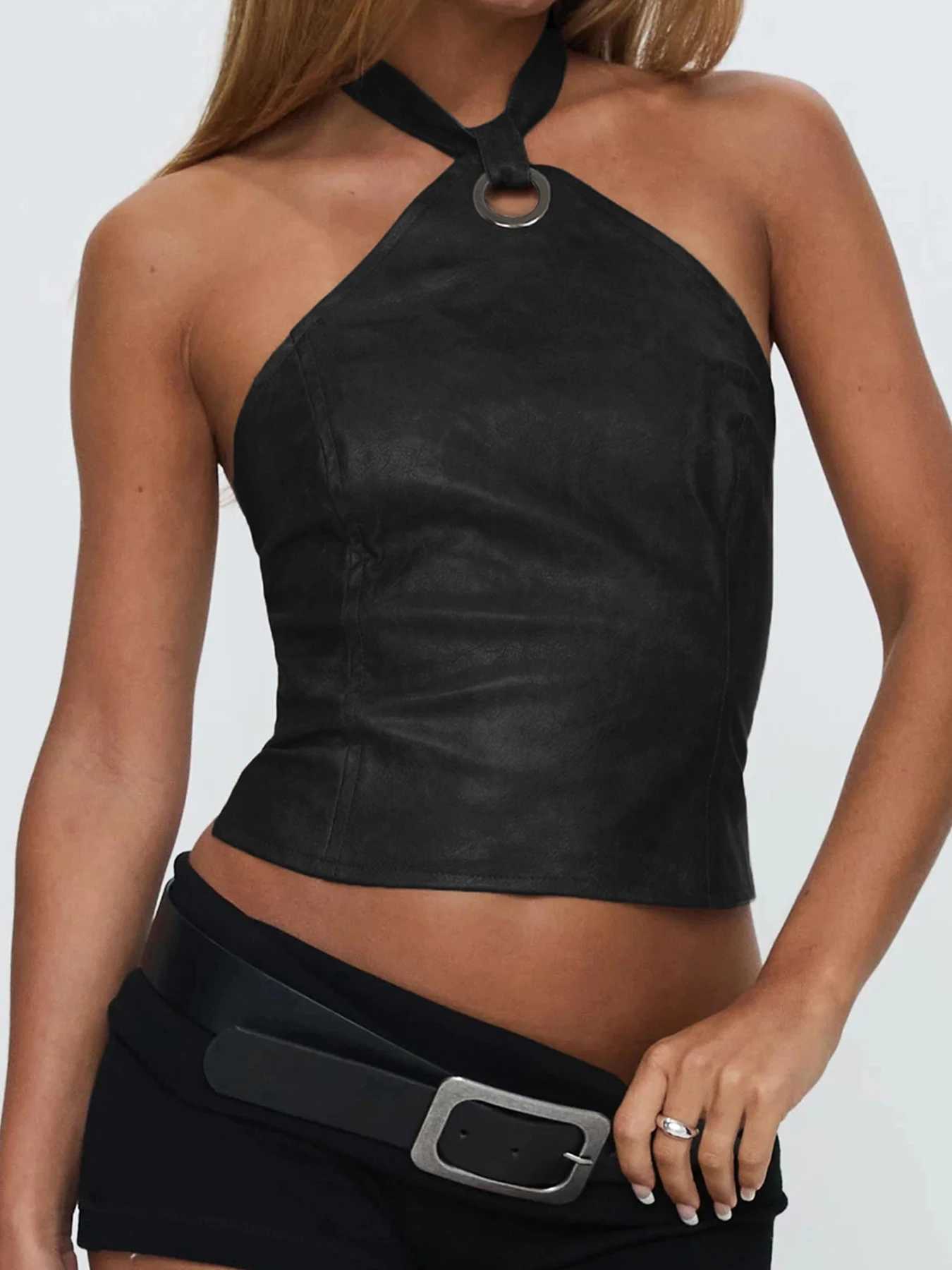 Cuteandpsycho leather backless bow sexy camisole top retro Harajuku punk streetwear Camisol bodysuit summer aesthetic setXJ250508
