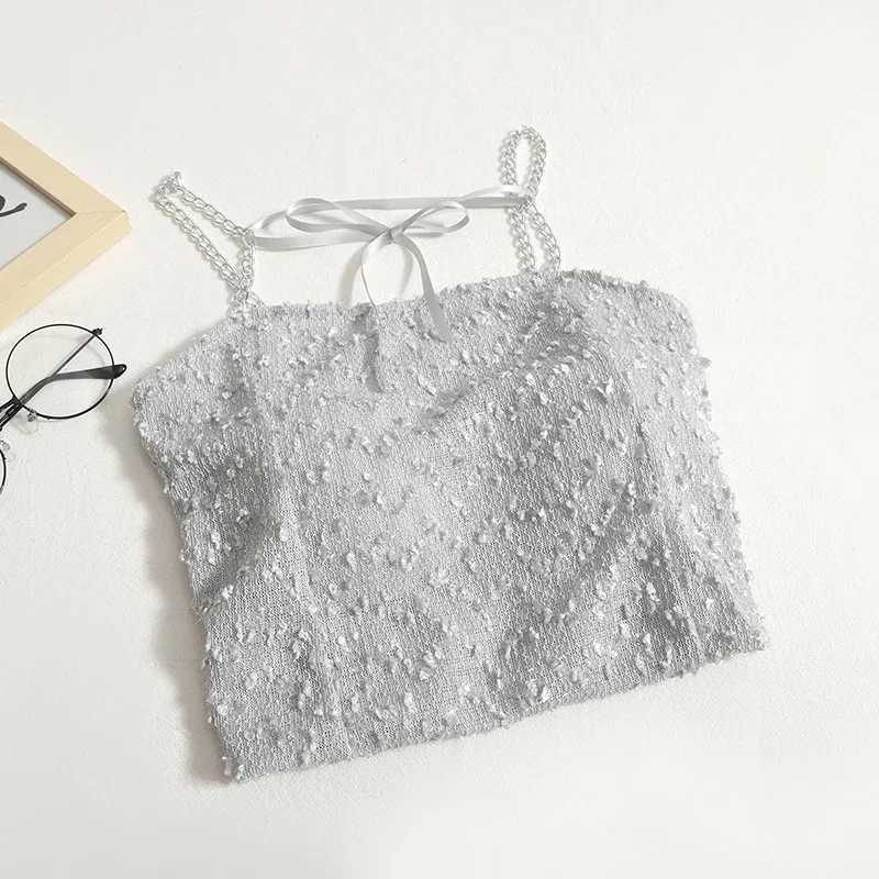 Womens elegant bow vest with bra pad Y2K crop top knitted chain shoulder strap womens summer vest summer 2024XJ250508