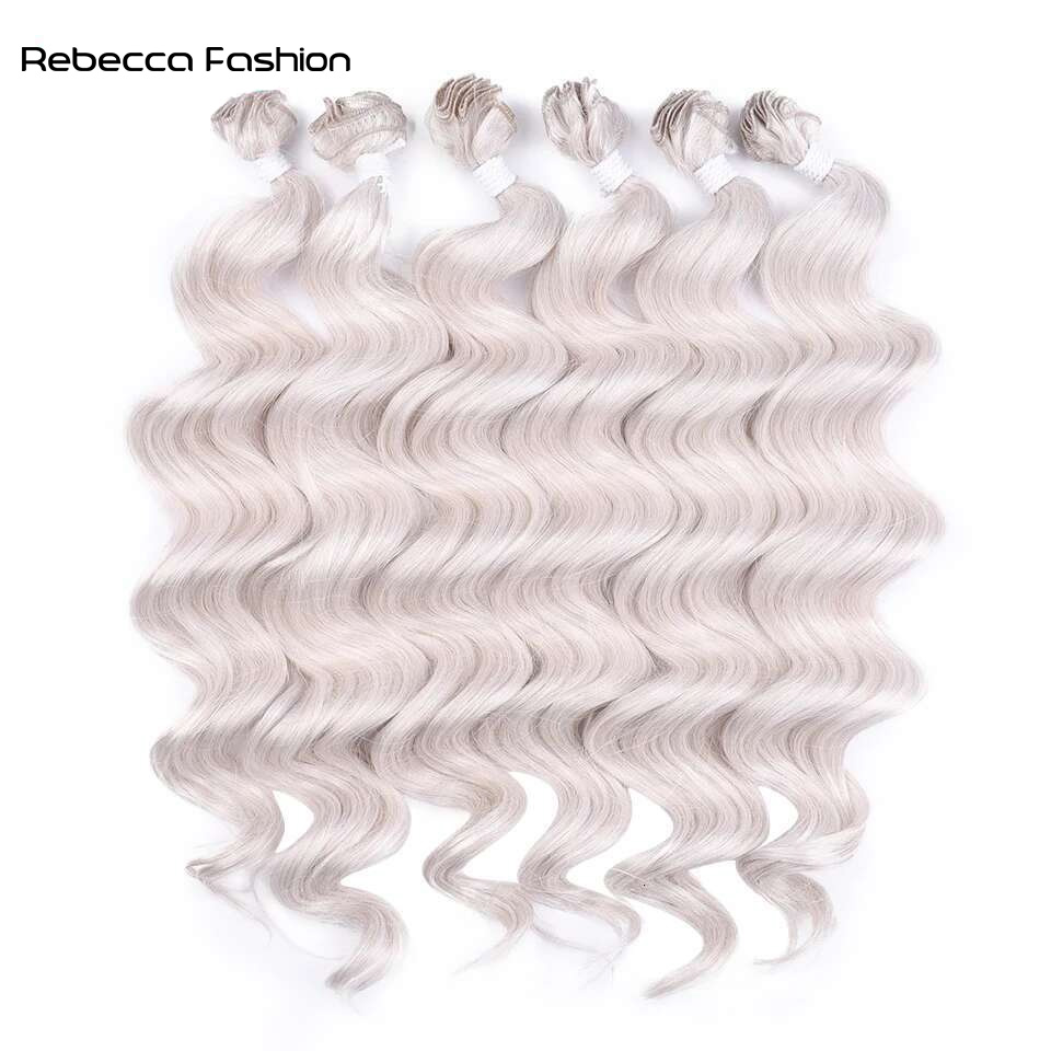 Rebecca Fashion Hair Extensions Synthetic Hair Weave 24Inch 6pcs Deep Wave Ponytail Hair Bundles Ombre Brown High Temperature Fiber