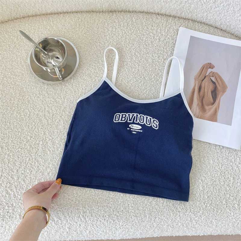 Womens apron bra crop top O-neck solid crop top 2024 summer letter printing top spaghetti vestXJ250508