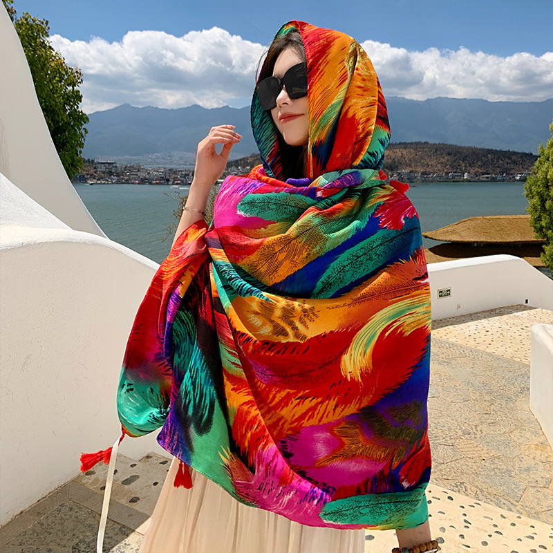 K668 Cross-border summer ethnic style shawl outerwear beach towel women 2024 new travel sunscreen silk scarf tassel long scarf
