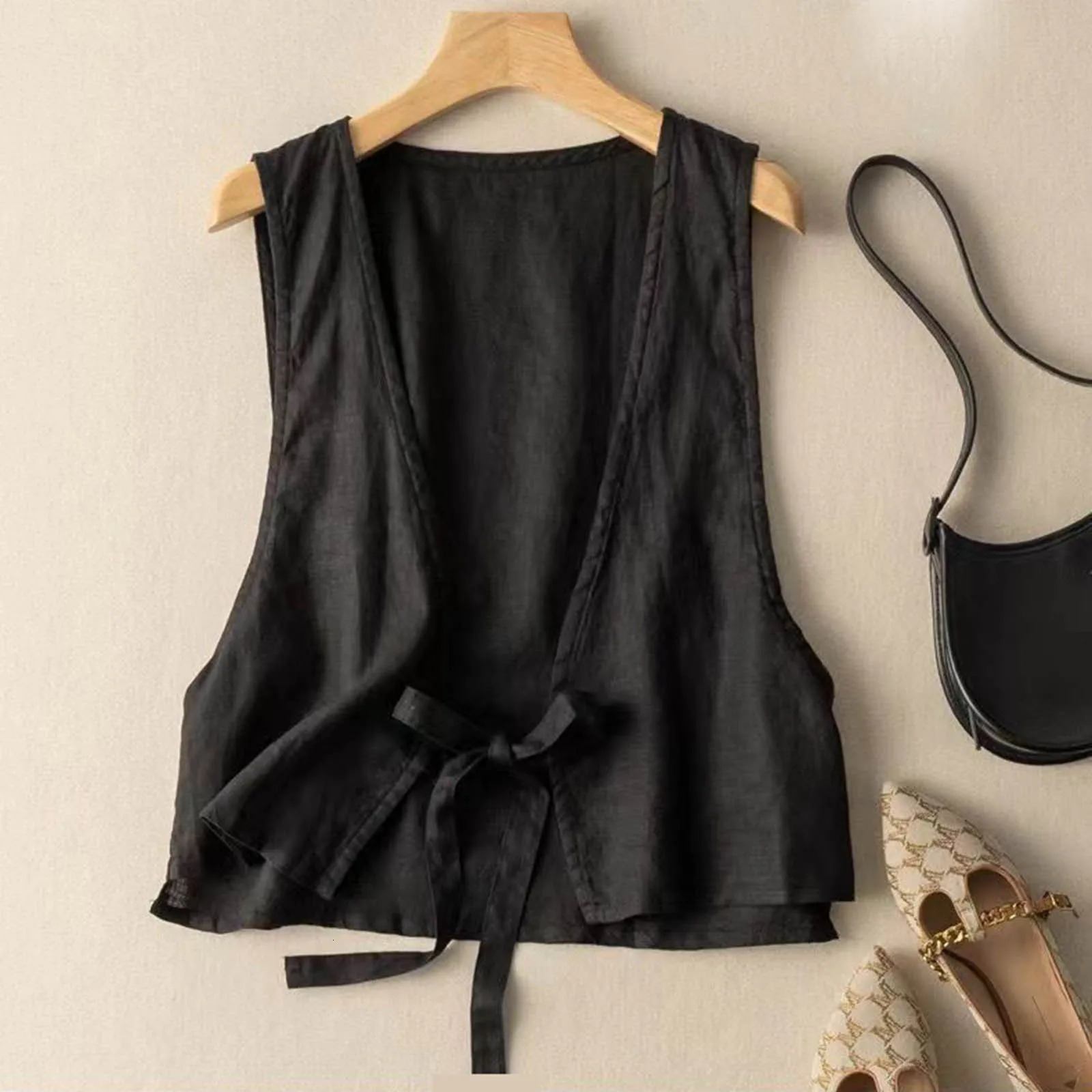 Womens cotton linen vest with open collar casual loose Vneck sleeveless jacket summer lace up solid waist womens elegant top 250430Z