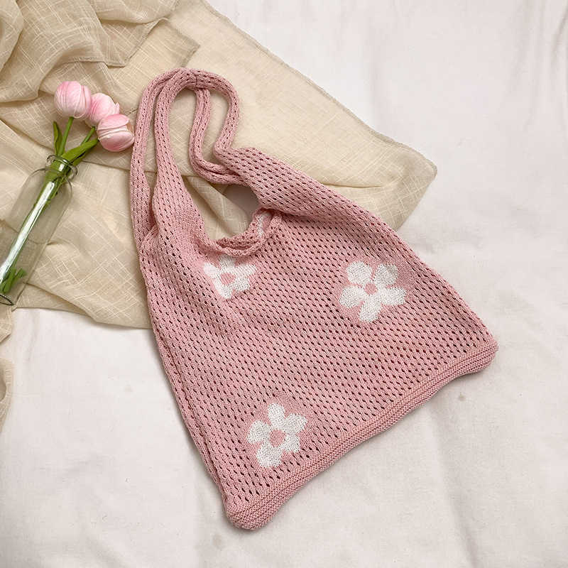 Bag Japanese and Korean Ins Single Shoulder Cotton Thread Knitted Bag Handbag Flower Beach Vacation