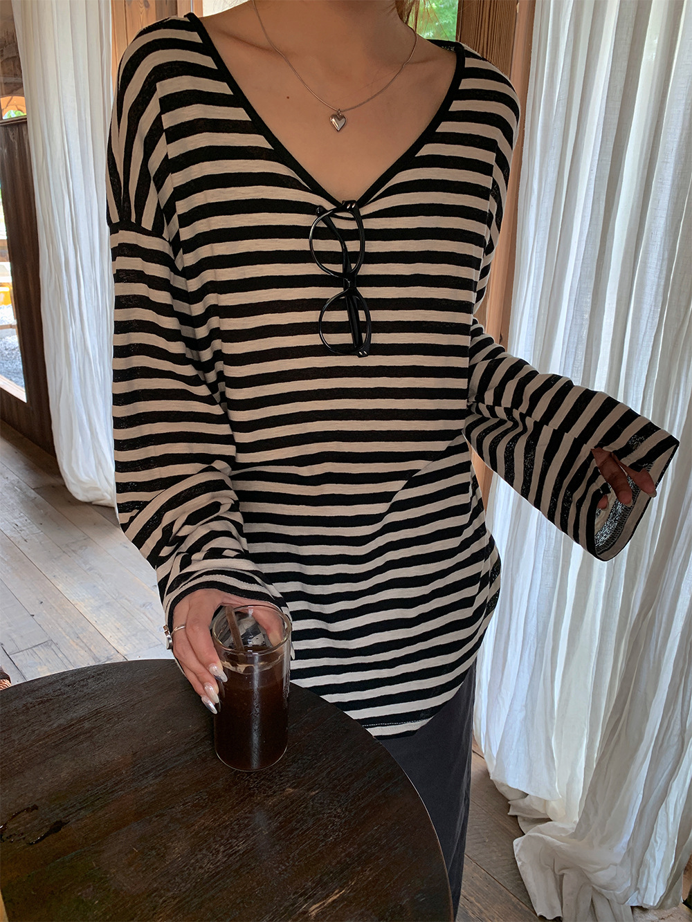HM145 Summer Korean style loose lazy style striped t-shirt female sunscreen blouse top female