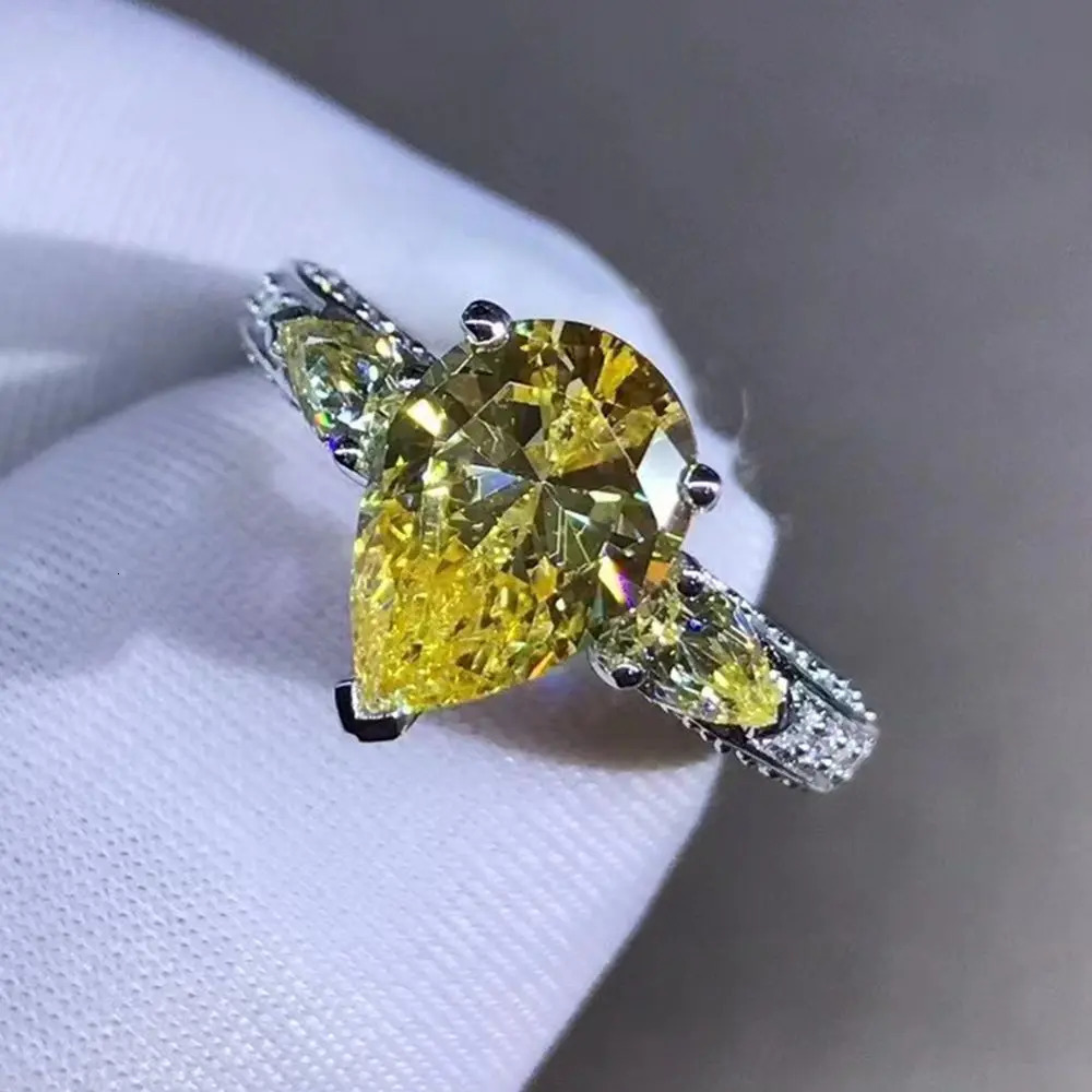 WUIHA Real 925 Sterling Silver 3EX Pear 2CT VVS Yellow Sapphire Synthetic D Ring for Women Gift Drop 250509