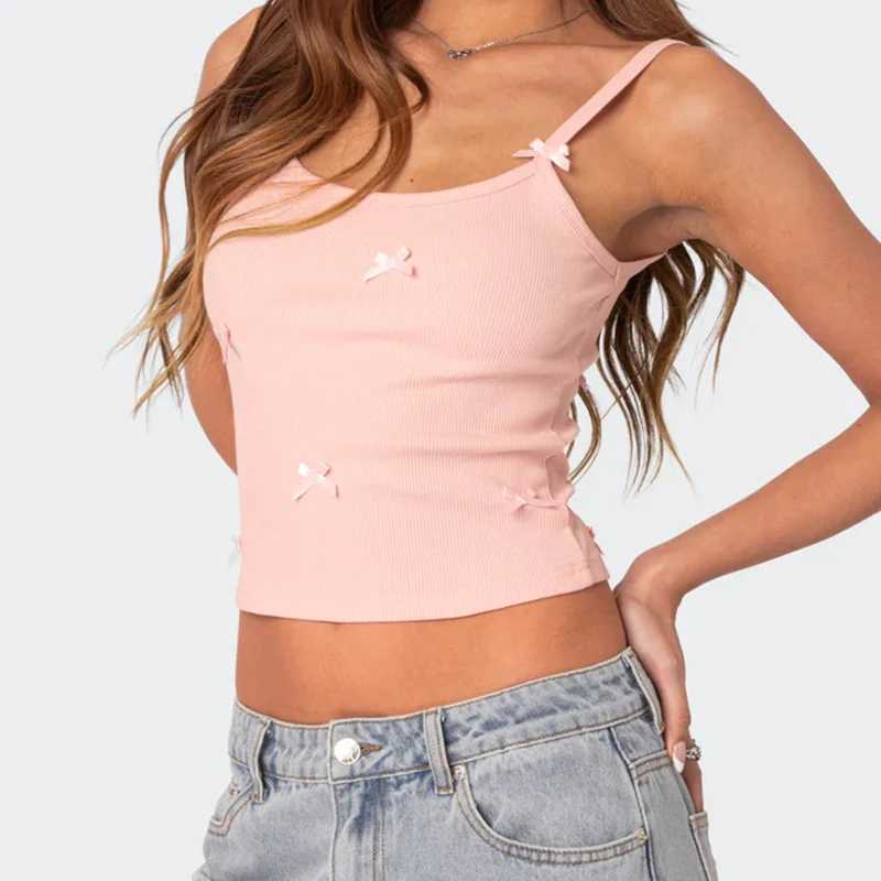 Summer Pink Bow Tie Womens Corset Korean Fashion Sweet Sexy Crop Tops Casual Sleeveless Tank Top 2000s Gothic Backless CamisoleXJ250508