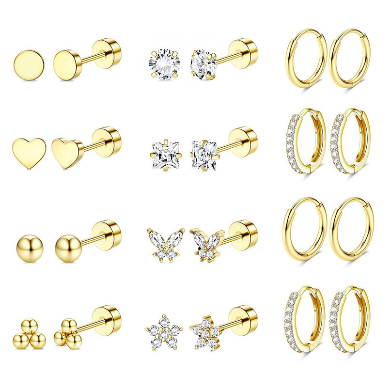 TUPMI Hypoallergenic Surgical Steel Earrings for Sensitive Ears 14K Gold Flat Back Earrings for Women Men Small Flatback Stud Hoop Cartilage Earring S