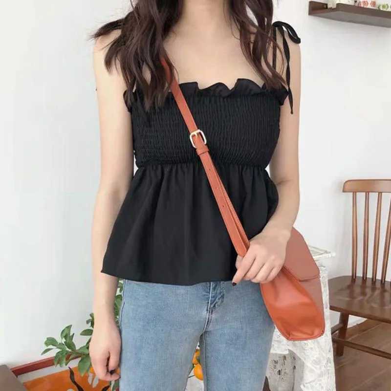 Xpqbb Black White Bow Bandage Tank Top Women Summer Folds Backless Camisole Female Sweet Cute Ruffles Sleeveless Cropped VestXJ250508
