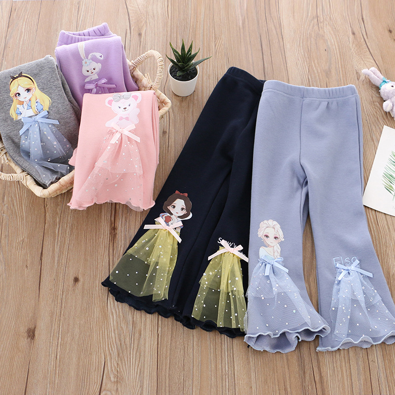 Disney's Frozen Elsa Princess Children's Designer Clothing Autumn Spring Pants Children's Leggings Bell Bottom Pants Princess Cartoon P