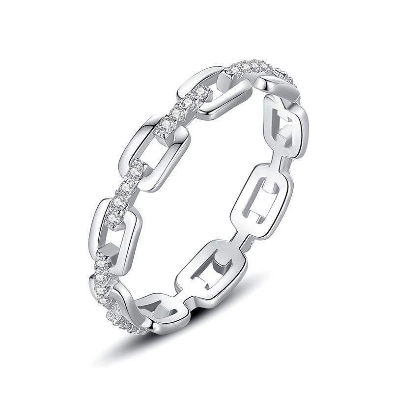 925 Sterling Silver Hollow Geometric Ring with Diamonds, Non-Tarnish, Chain Design, Trendy Women's Jewelry - European & Instagram Style