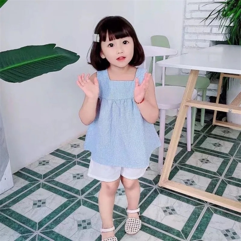 Girls Clothes Sets Summer Kids Casual Clothing for Girls Checked StrapsWhite Shorts Childrens Baby Girl Outfit 250508