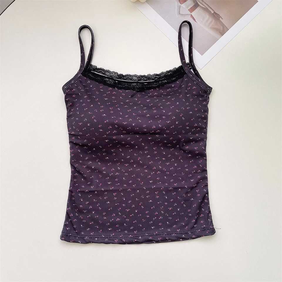 Lace Flower Print Camis Tank Tops One Size Sweet Floral Tops Elegant Slim Short Tank Tops Sexy Vest Y2K Camisole Women ClothesXJ250508