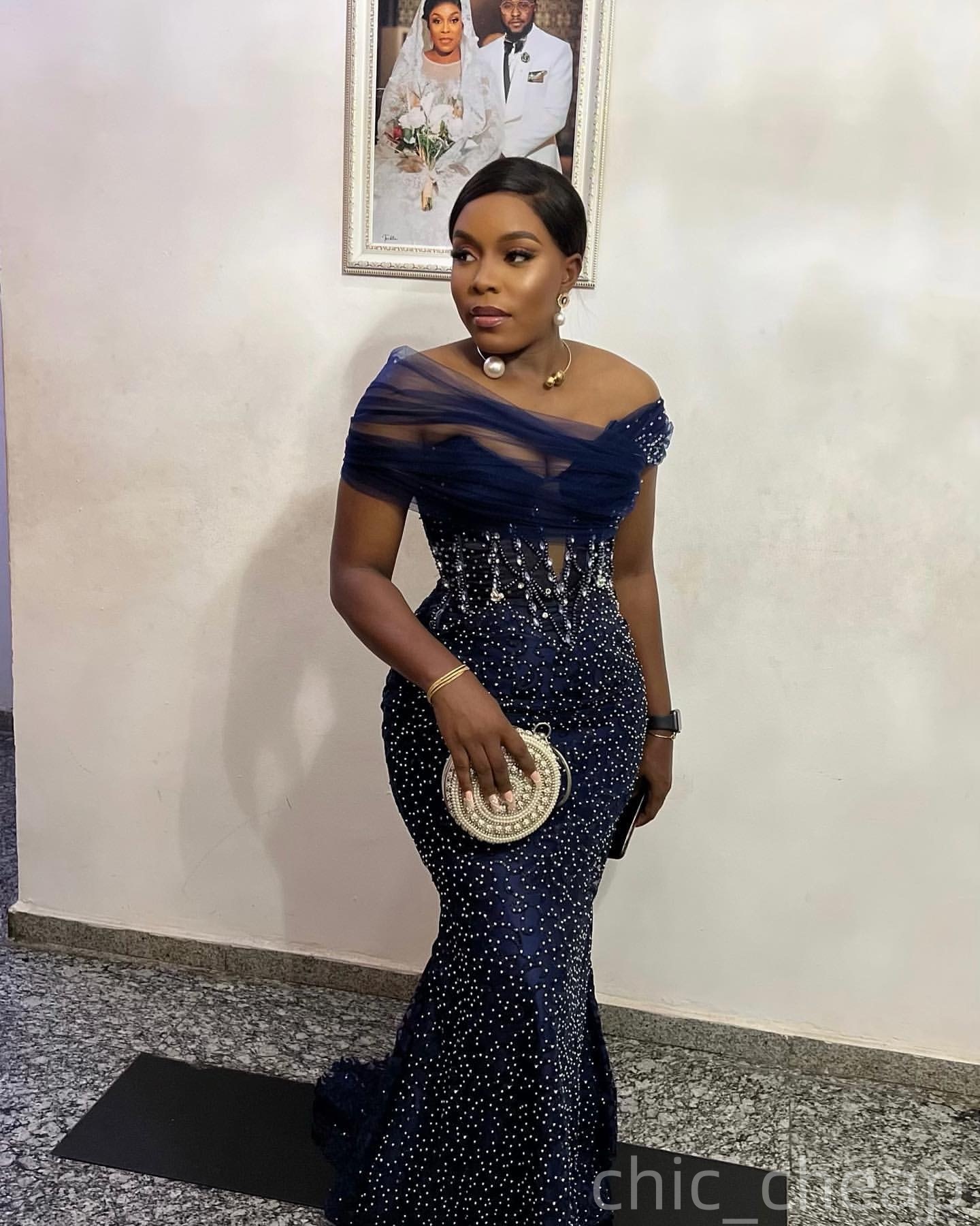 Navy Blue Mermaid Plus Size Prom Dresses 2025 Portrait Sequined Crystals Evening Formal Party Second Birthday Engagement Gowns Dress For Special Occas
