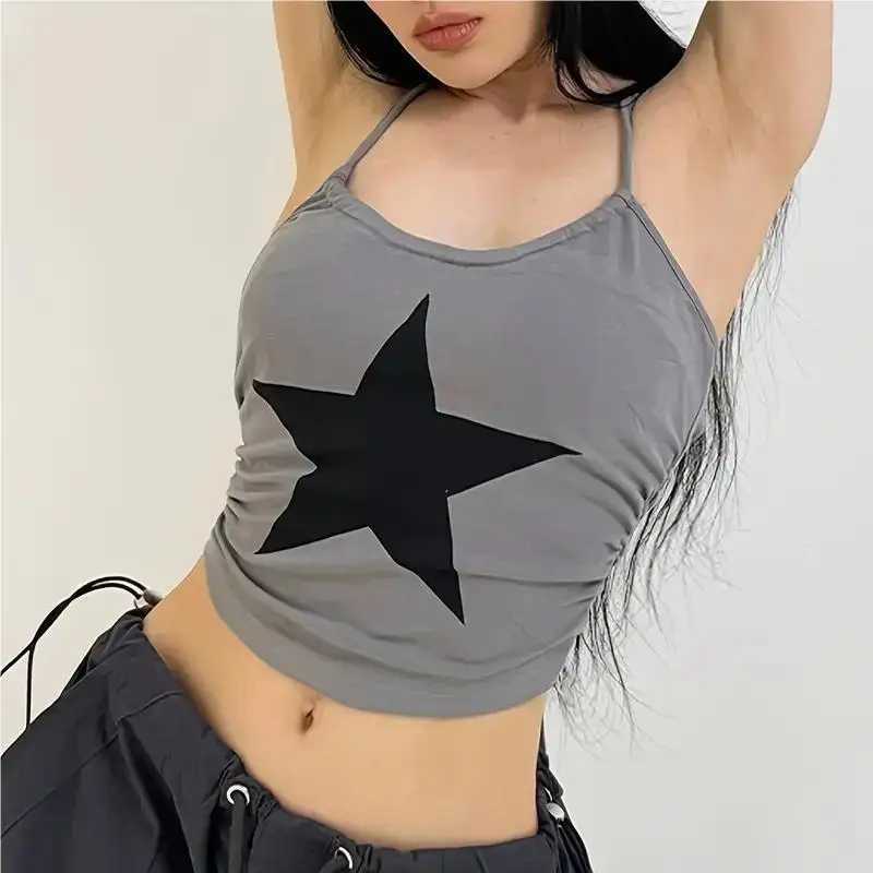 Summer Camisole Slim Vest Sexy Women Sleeveless Crop Top Star Graphic Short Wrinkle Tank Tops Y2K Sleeveless Cool Streetwear NewXJ250508