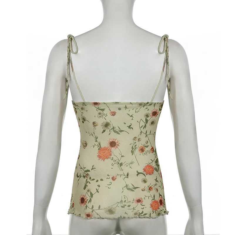 BIIKPIIK Vintage Floral Printed Lace Tank Tops Y2K Retro Bandage Backless Women Camisole Summer Slim Fit Vests Mori Girl OutfitsXJ250508