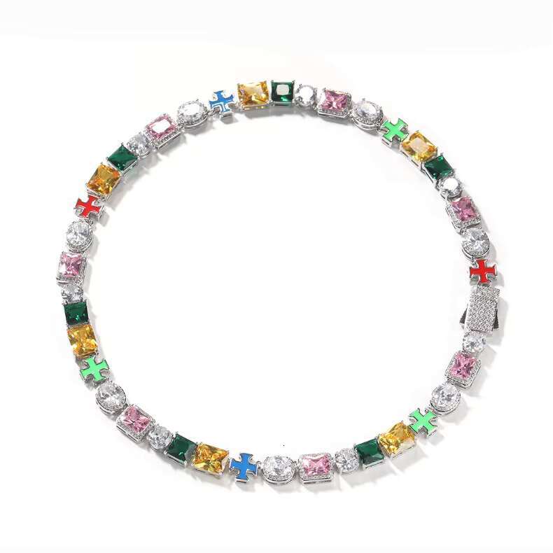 Hip Hop 10mm Templar Multicolored Diamonds Enamel Cross Trendy Bracelet Necklace Set Mixed Gemstone Cluster Pearl Exquisite