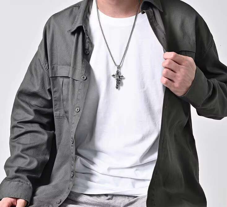 Stainless Steel Cross Necklace with Praying Hands Pendant Chain Retro Style for Men