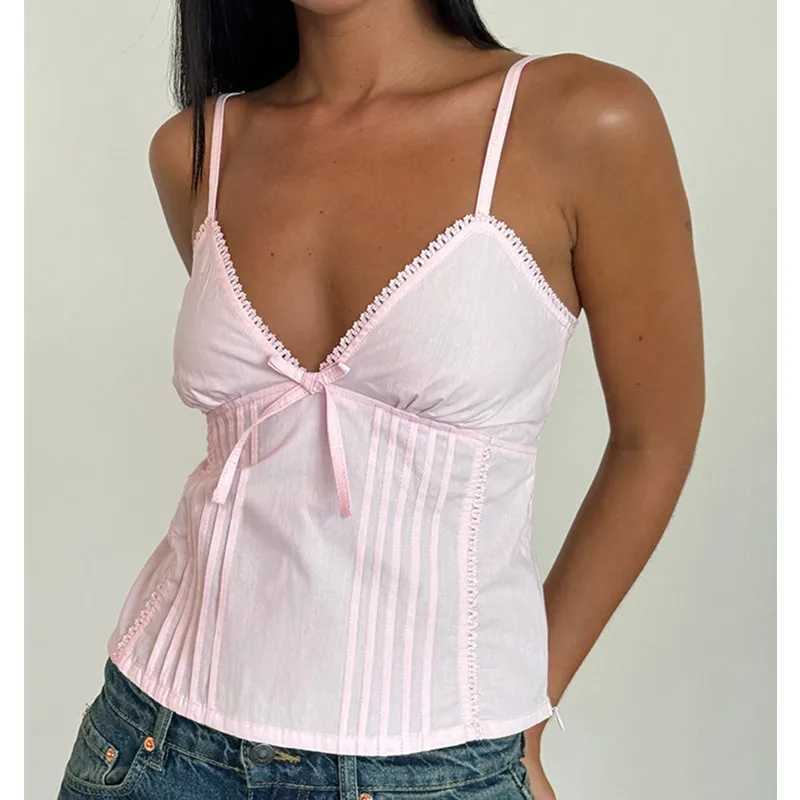 Summer womens plain weave vest fashion bow vest Harajuku streetwear Y2K womens casual sleeveless V-neck vestXJ250508