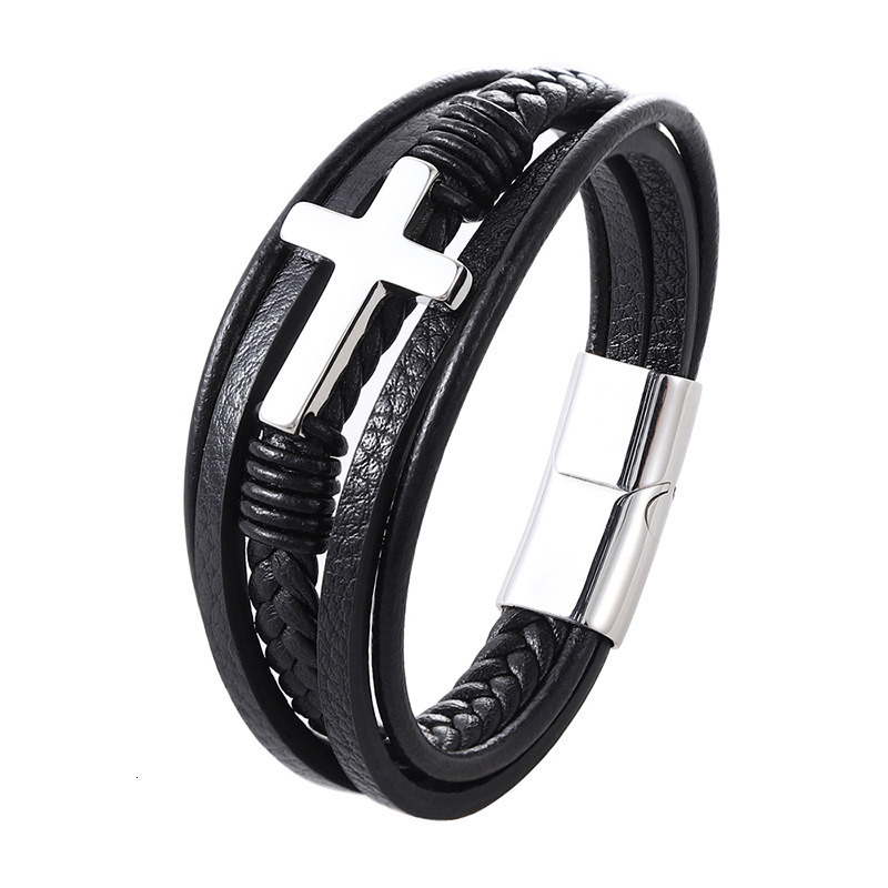 Xinghe Weaving Handmade Leather Magnetic Buckle Stainless Cross Bracelet Men's Titanium Steel Jewelry New Product