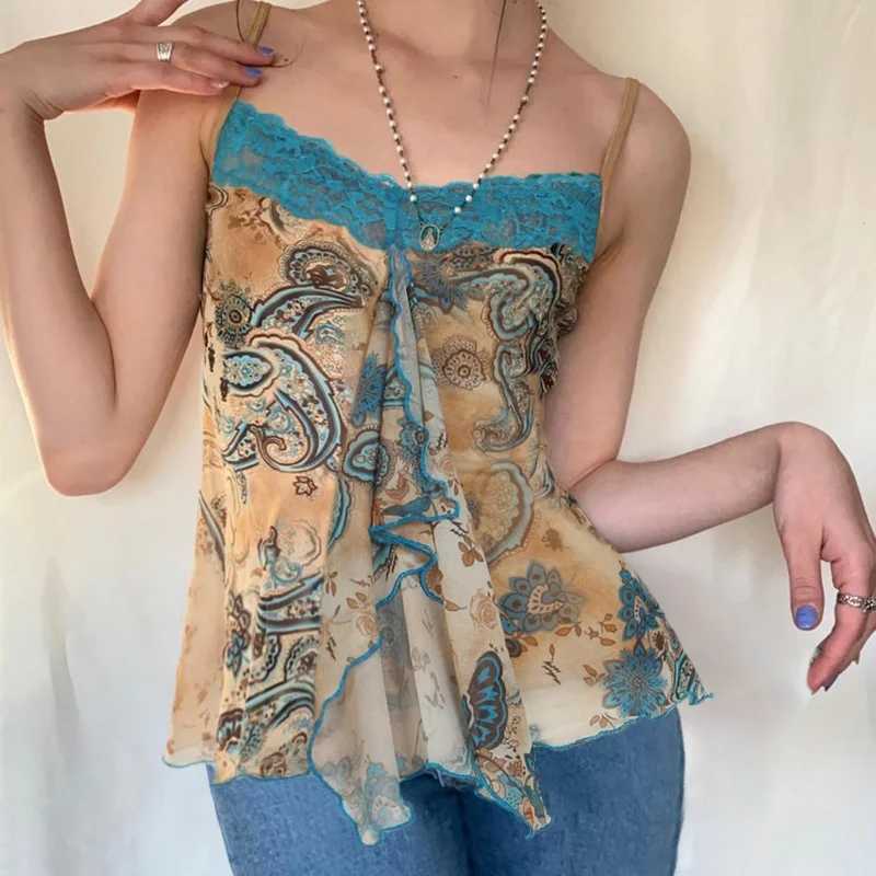 Retro womens summer contrasting print spaghetti strap irregular pleated vest sexy ultra-thin backless lace patch work vest topXJ250508