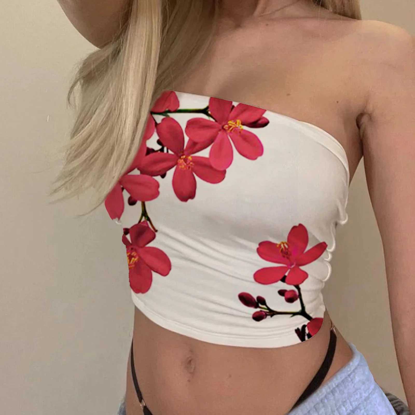 Womens Bandeau vest floral tube top strapless slim fit shirt streetwear fashionable strapless vest summer jacketXJ250508