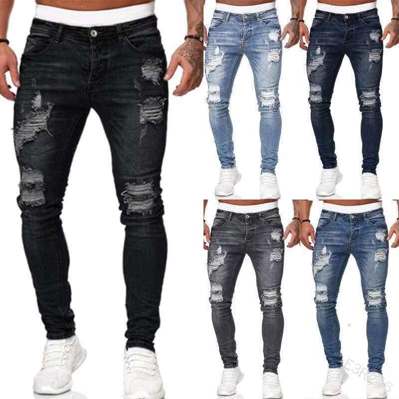 DHEssentials New Arrivals Mid-waist Men's Patchwork Skinny Tapered Wrinkle Fashion Streetwear Hole Jeans Pants Mens High Quality
