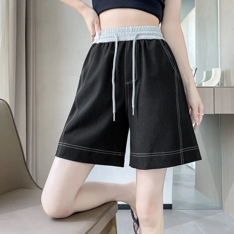 Summer Vintage IckSilk Patchwork Womens Wide Leg Shorts 2025 High Waist Korean Laceup Casual Loose Short Pants Female 250506Z