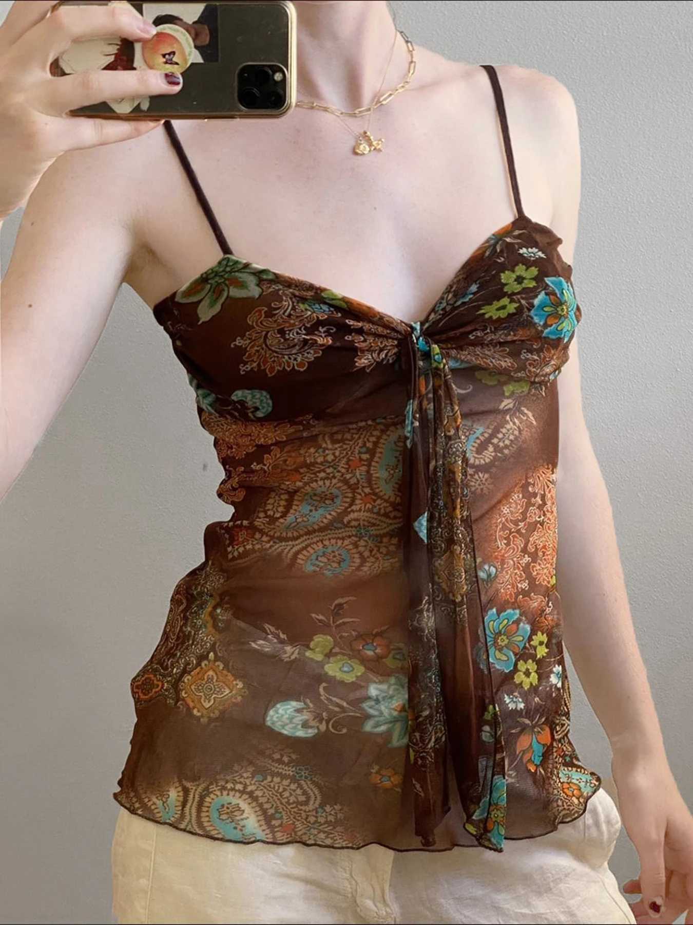 Fashionable retro printed independent folk style womens V-neck vest top sleeveless summer trend topXJ250508