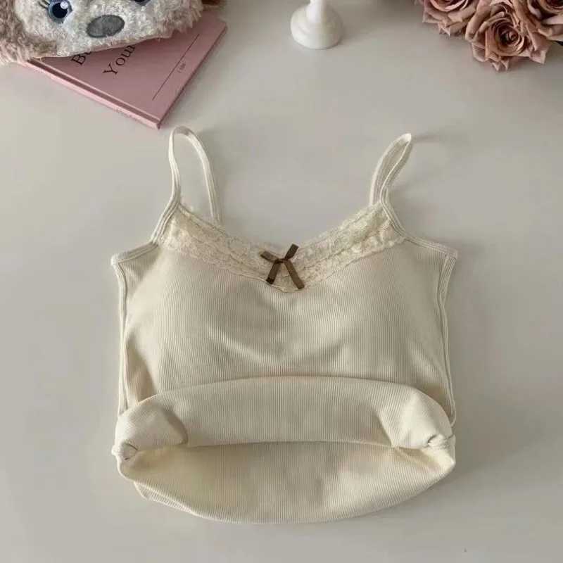 Womens tank top sexy bow sleeveless tight corset top with chest cushion sweet lace patch cropped top summer slim and elegant tank topXJ250508