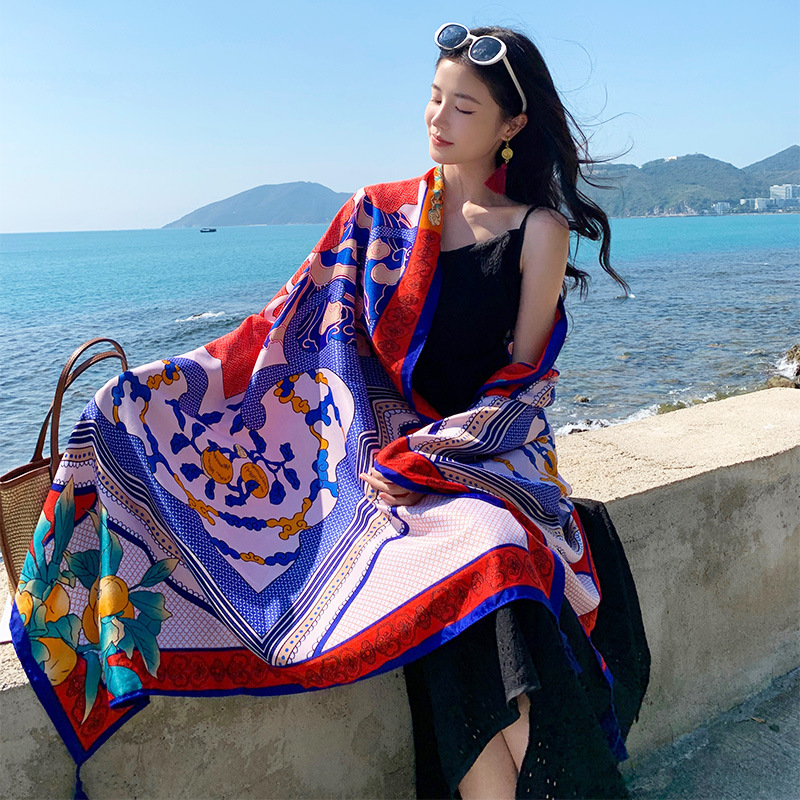 K668 Cross-border summer ethnic style shawl outerwear beach towel women 2024 new travel sunscreen silk scarf tassel long scarf