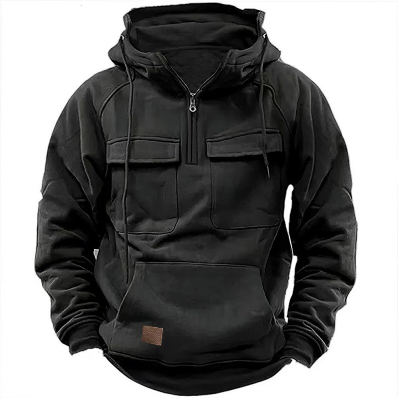 Spring and Autumn new men's hooded solid color hoodie, youth sports multi pocket patch leather hoodie jacket