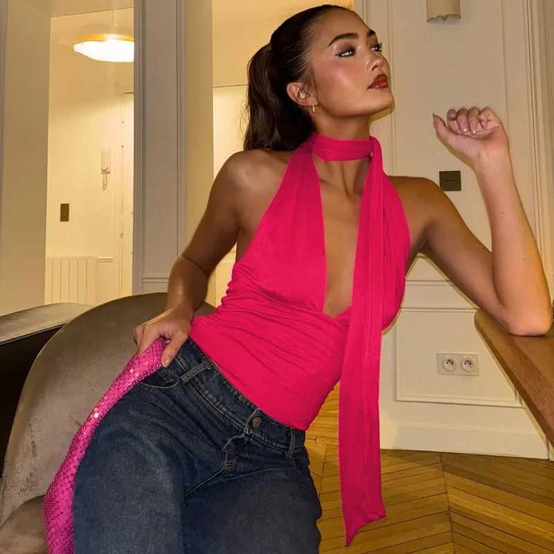 Womens Sexy Backless Low Cut Out Scarf Crop Tops Summer Trend Sleeveless Bandage Deep V-Neck Tank Tops Y2K Streetwear Basic VestXJ250508