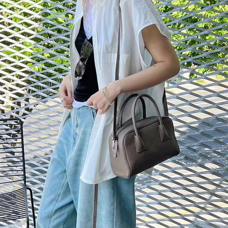 Genuine Leather Boston Bag For Women Designer Handbag Purse 2025 New In Vintage First Layer of Cowhide Shoulder Crossbody