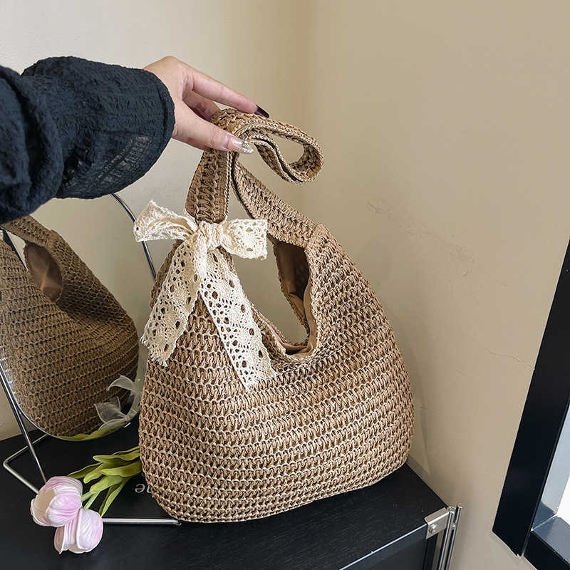 Summer fashion trend beach shoulder bag woven hand-held tote bag woven vegetable basket silk scarf bow women's bag