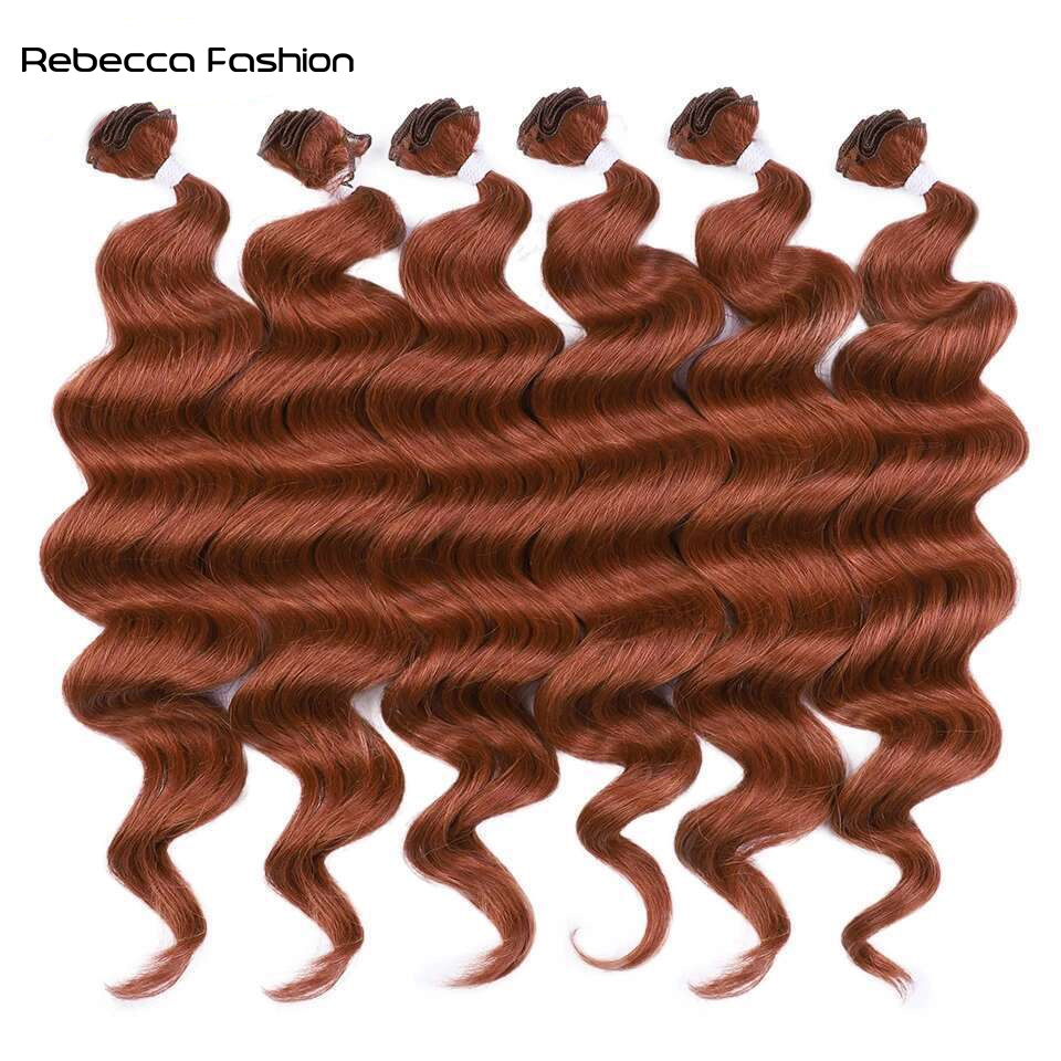 Rebecca Fashion Hair Extensions Synthetic Hair Weave 24Inch 6pcs Deep Wave Ponytail Hair Bundles Ombre Brown High Temperature Fiber