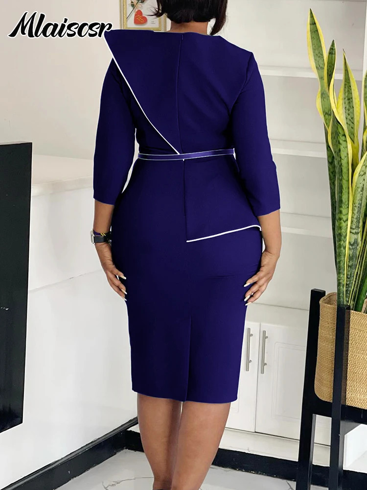 Mlaiscr Fashion African Medium Belt Womens 3D Flower 34 Sleeve ONeck Party Evening Office Women Bodycon Vestidos 250427