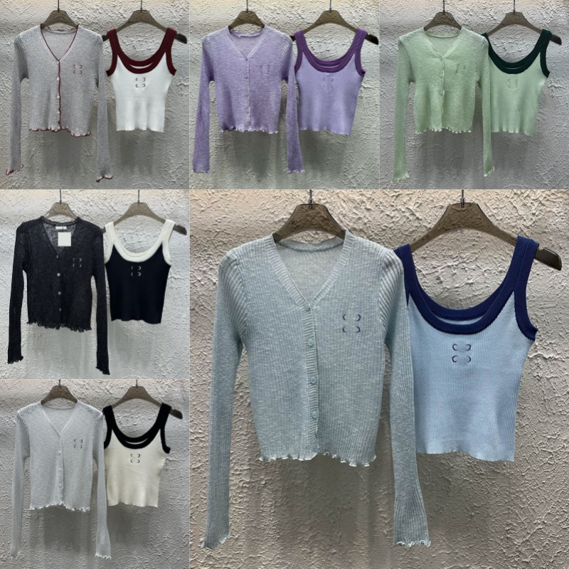 Designer Women Knit Cardigan Vest 2 Piece Set Summer Breathable Knits Outfits Luxury Brand Black Contrast Color Sweaters