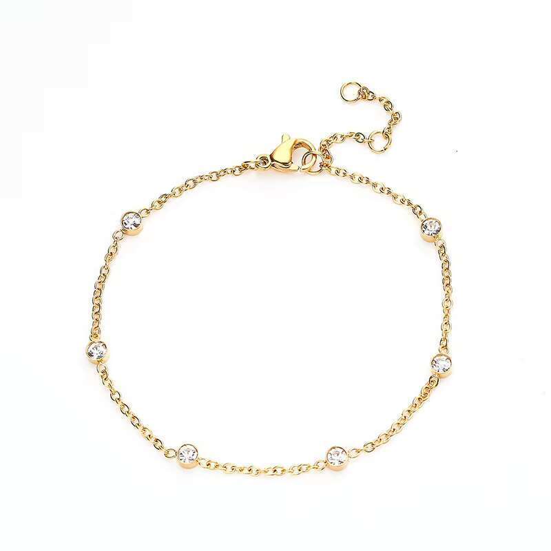 DHcollections Birthday Gift Stainless Steel Women's Shiny Gold Plated Round Zirconia Station Bracelet