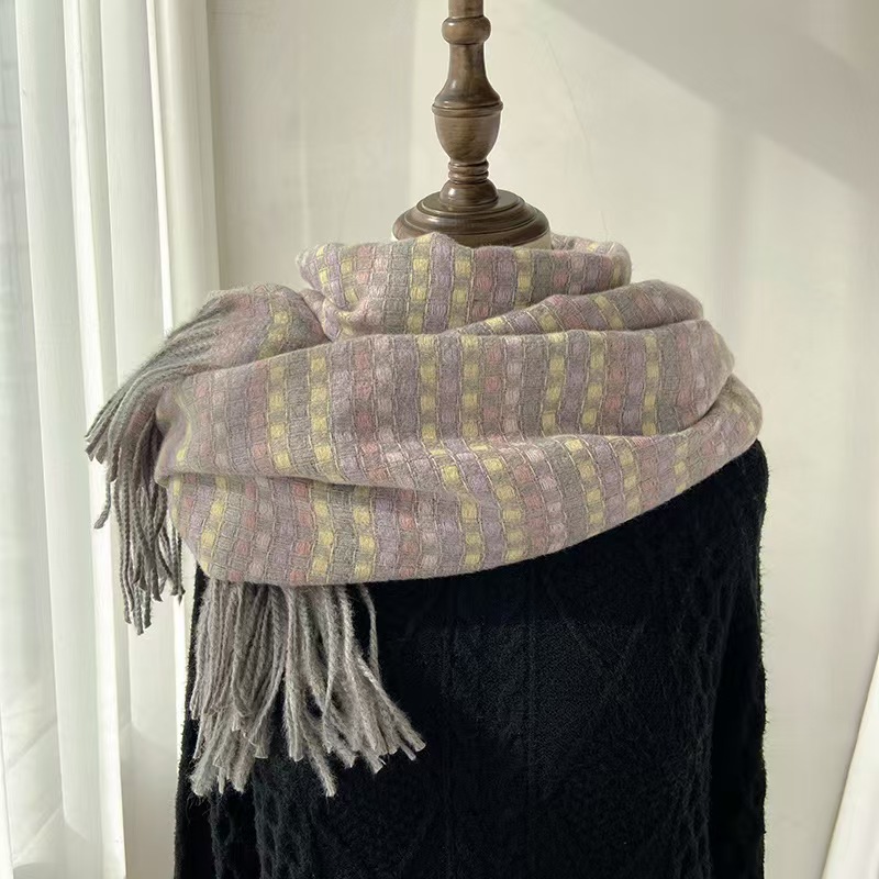 T669 scarf women's autumn and winter new Korean version color plaid student warm thickened neck cashmere tassel shawl