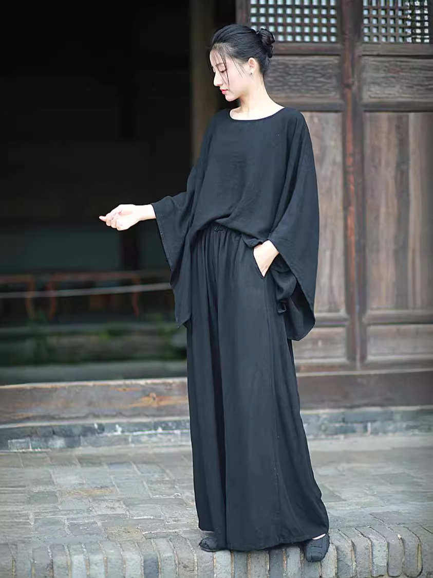 MM220 Retro women's clothing Zen sand-washed linen top wide-leg pants literary and cool style