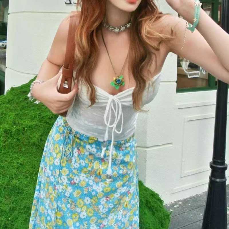 Summer beach vacation floral tube top womens lace close fitting vest sexy backless basic vest top camisole Y2k streetwearXJ250508