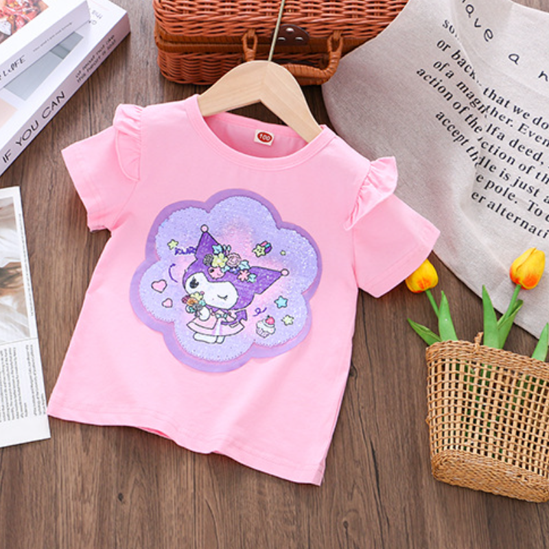 DISNEY Frozen Princess Elsa kids designer clothes Girl summer short-sleeved T-shirt double-sided color-changing sequins children thin cotton top.
