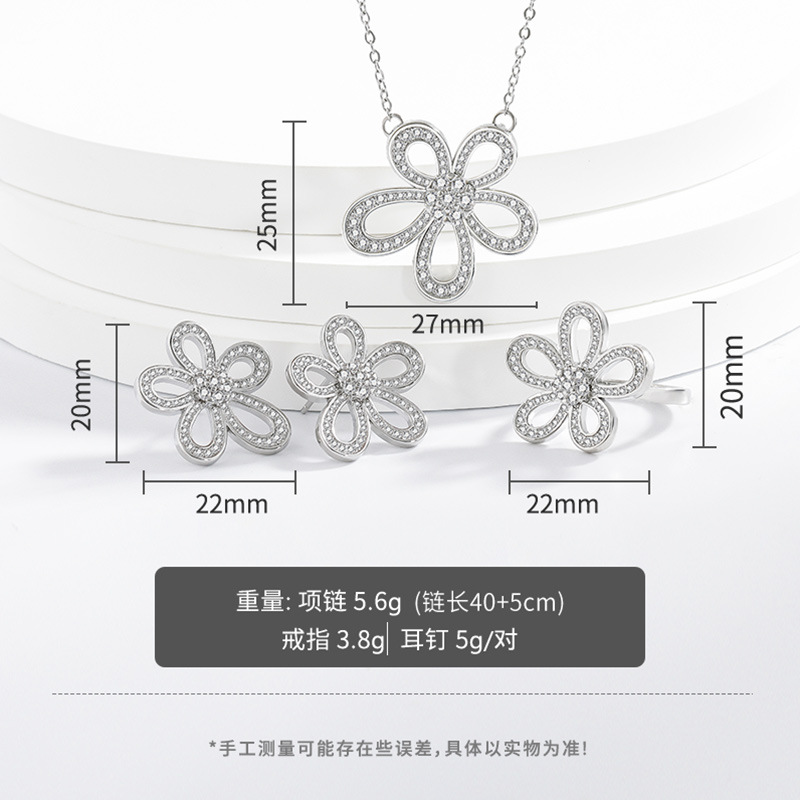 925 silver new five petal flower three piece set with luxurious diamond studded rings, necklaces, earrings, fashionable temperament for women