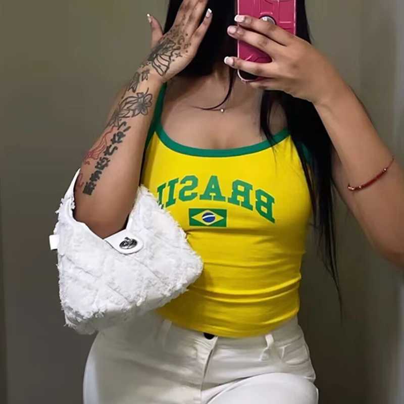 Brasil Letter Graphic Print Summer Camisole Womens Crop Top Womens Camis Sexy Korean New Yellow Tank Top Sleeveless Tank TopXJ250508