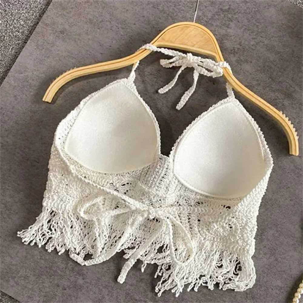 Sexy Bohemian Beach Holiday Vest Strap Womens Crochet Knitted Swimsuit Backless Vest Hollow Tassel Vest Womens TopXJ250508
