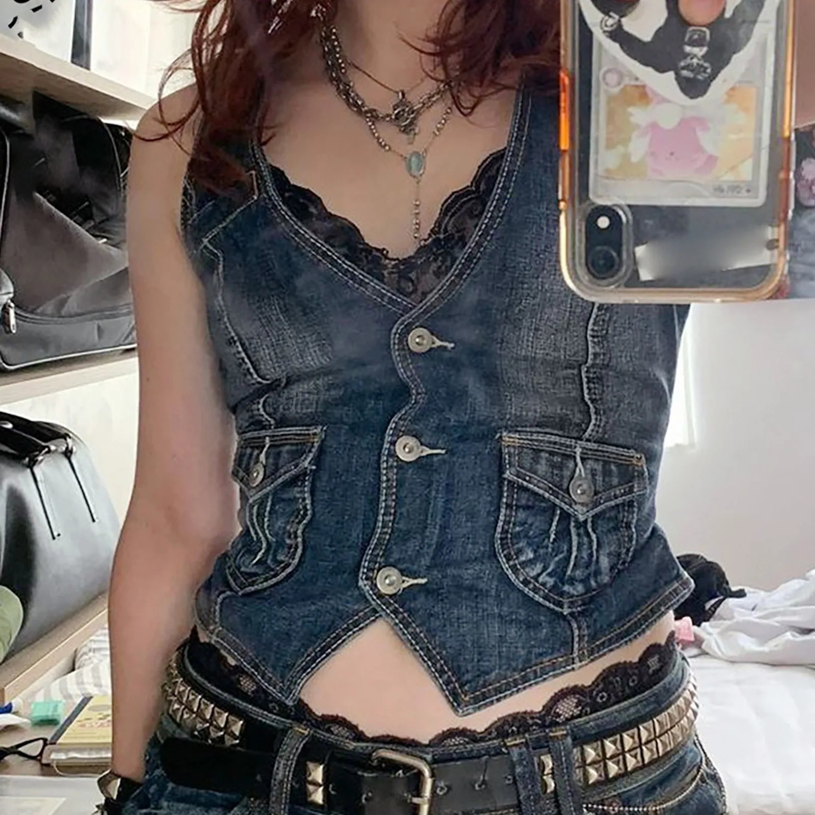 Retro womens denim jacket vest Korean fashion sleeveless short sleeved waist streetwear shoulder chic top 250430Z