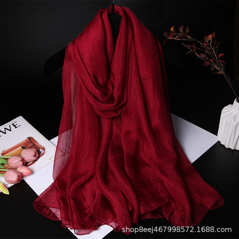 K669 Bright rose red silk scarf for women, travel vacation photo shawl, beach sunshade, windproof and sun-proof beach towel