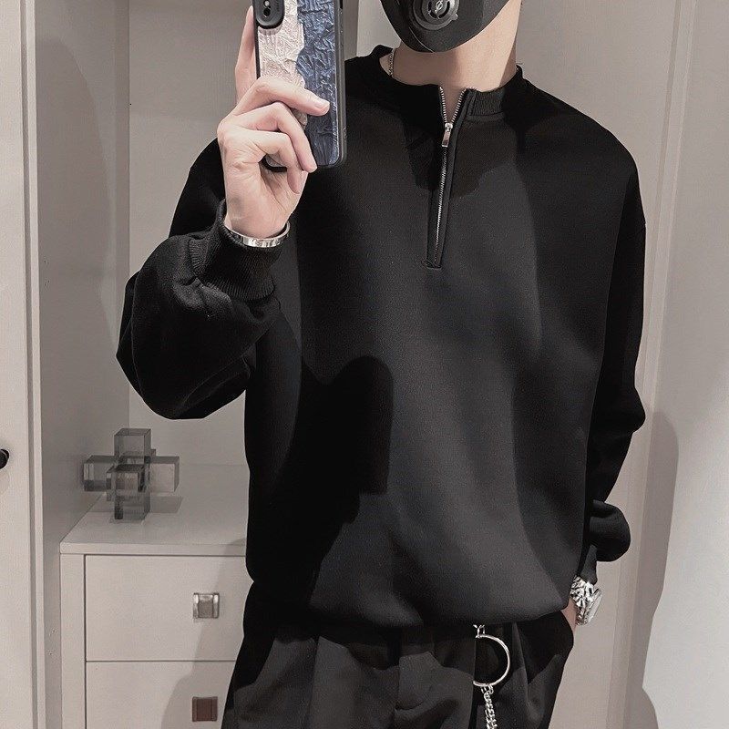 Handsome stand up collar half zip hoodie for men in spring autumn, with a niche trendy design, loose and casual top