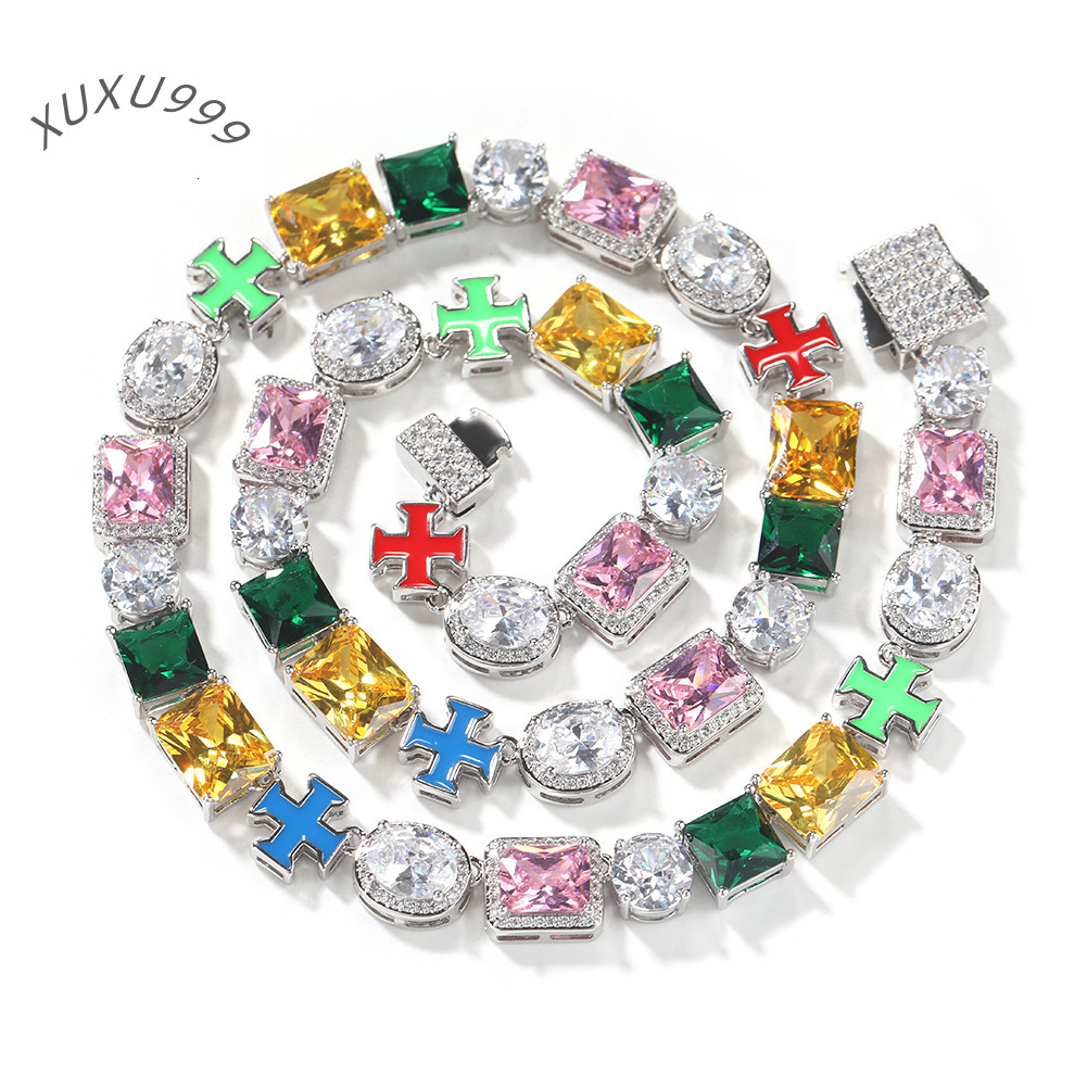 Hip Hop 10mm Templar Multicolored Diamonds Enamel Cross Trendy Bracelet Necklace Set Mixed Gemstone Cluster Pearl Exquisite