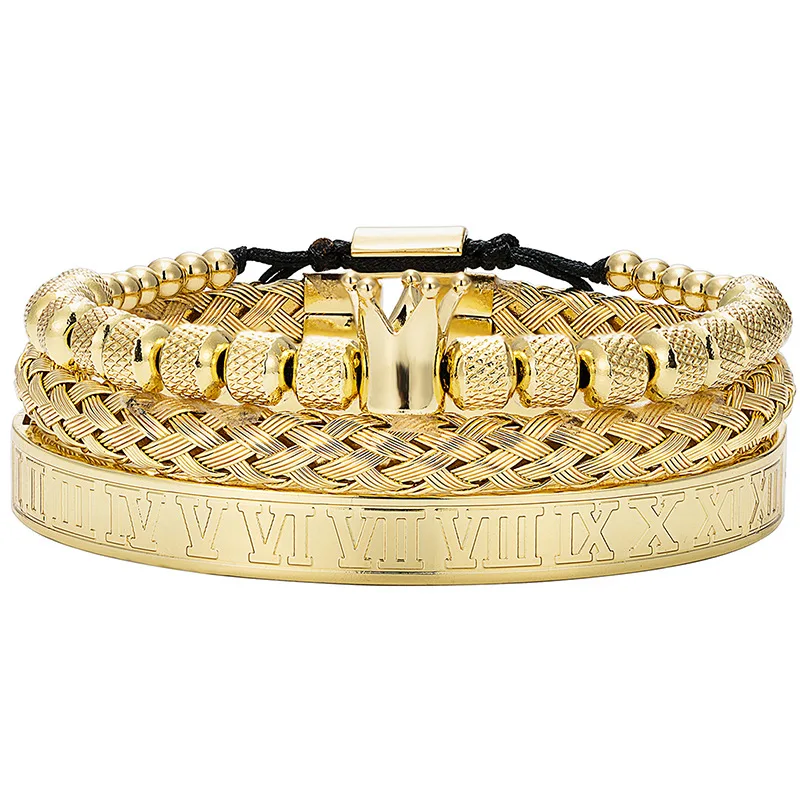 3Pcs Vintage Diamond-free Crown Woven Bracelet with Roman Letter Stainless Steel Mesh Opening Hand Chain